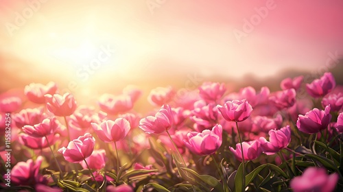 Sunset Serene: A Field of Pink Tulips Bathed in Golden Hour Light