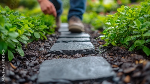 Walking barefoot on a stone pathway in a lush garden at sunset