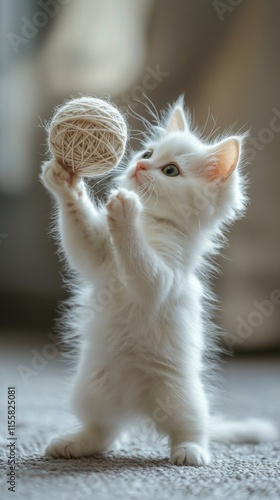 Playful white kitten batting at a yarn ball indoors during the afternoon