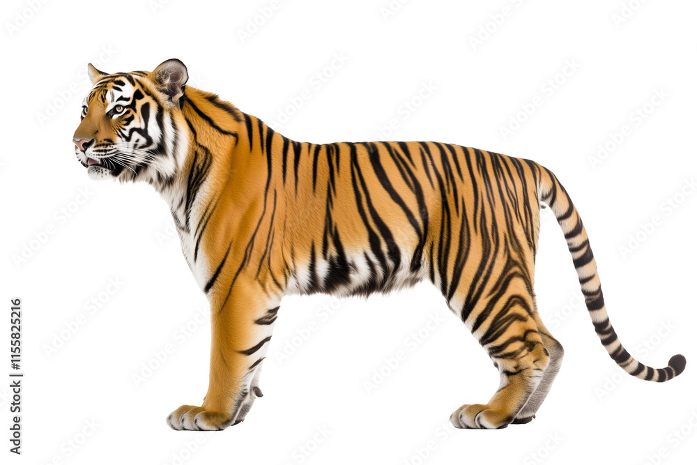 Obraz premium Majestic Tiger in Powerful Stance with Vibrant Orange and Black Stripes, Photorealistic Wildlife Art in Sharp Focus and Studio Lighting