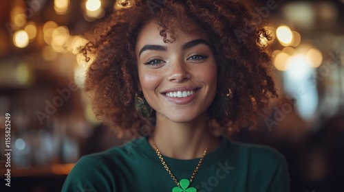 Young woman with a green necklace smiles warmly in a cozy cafe at sunset