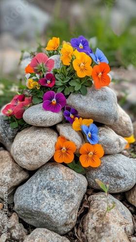 Colorful flowers adorn a stacked stone arrangement in a serene outdoor setting