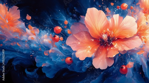 Vibrant floral artwork with bold colors and dynamic patterns on a dark backgr...
