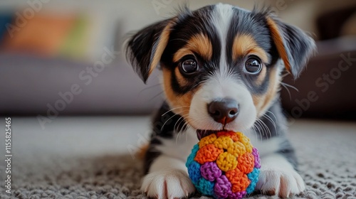 Cute puppy playing with a colorful rubber ball on a cozy couch in a living room