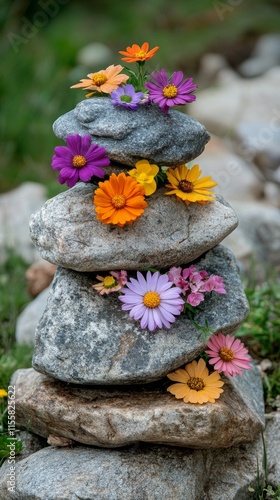 Colorful flowers adorn a stacked stone arrangement in a serene outdoor setting