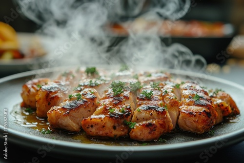 Grilled pork chop dish with vegetables and aromatic steam in a cozy restauran...