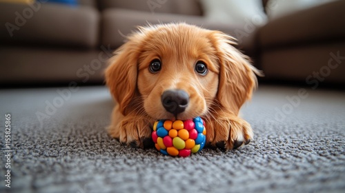 Cute puppy playing with a colorful rubber ball on a cozy couch in a living room