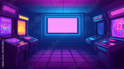 Retro arcade room with vibrant neon lighting, pixel art style, blank screen, empty space. Perfect for gaming, 80s, 90s nostalgia themes. photo