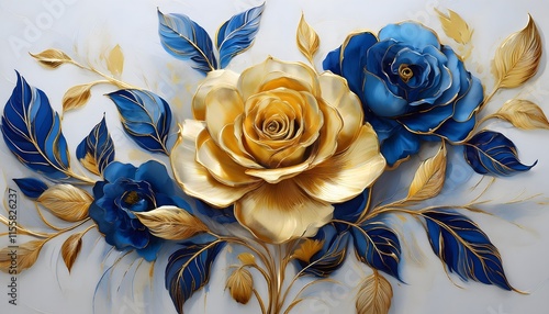 abstract floral oil painting gold and blue Rosa Damascena flower on white background