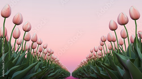 Pink Tulips Field at Dawn: A Serene Spring Landscape