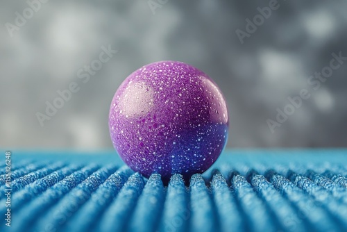 Vibrant purple sphere resting on a textured blue surface with soft lighting
