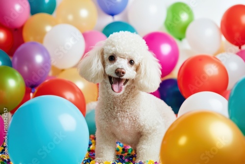 A jubilant Poodle celebrating 2025. Featuring bright party decorations and balloons