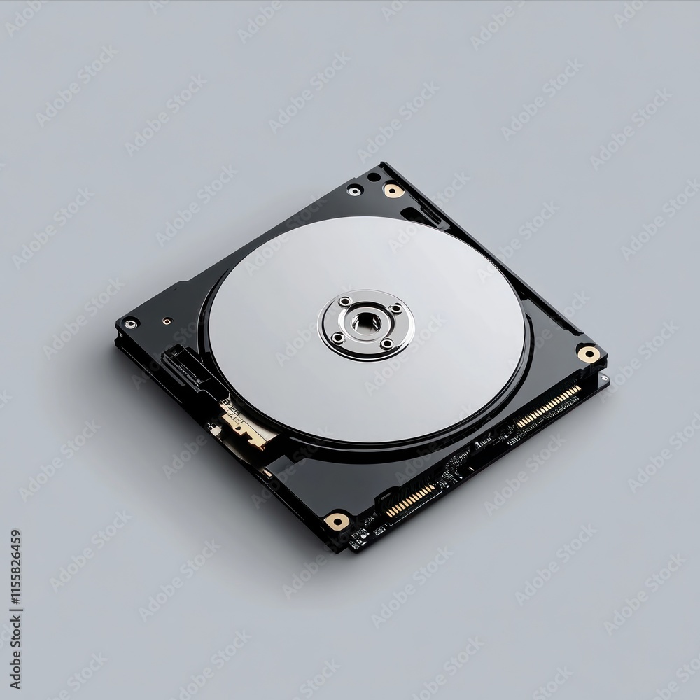 Close-up of a hard disk drive (HDD) on a gray background.