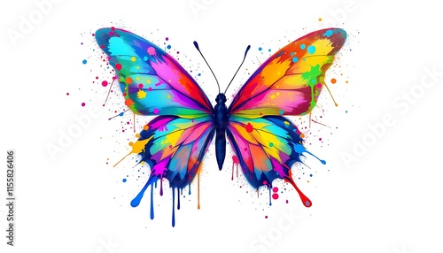 A colorful butterfly with vibrant wings made up of various paint splatters and drips , against a white background