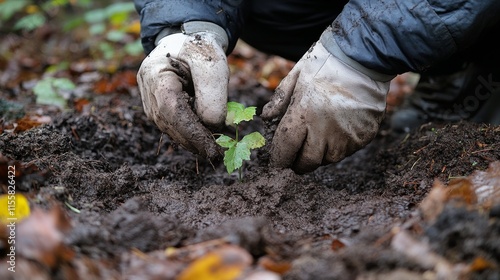 Planting a young sapling in the earth during a conservation activity in a for...