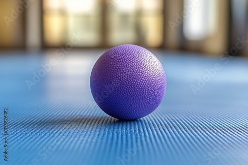 Vibrant purple sphere resting on a textured blue surface with soft lighting