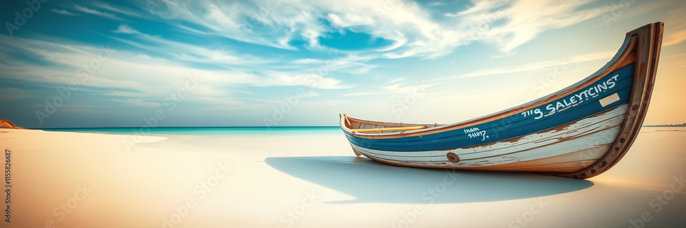 Wooden Fishing Boat on Sandy Beach Against Ocean in Beautiful Tropical Paradise. Travel, vacation, serenity, and maritime themes. Wooden Fishing Boat on Sandy Beach Against Ocean in Beautiful Tropical Paradise. Travel, vacation, serenity, and maritime themes.