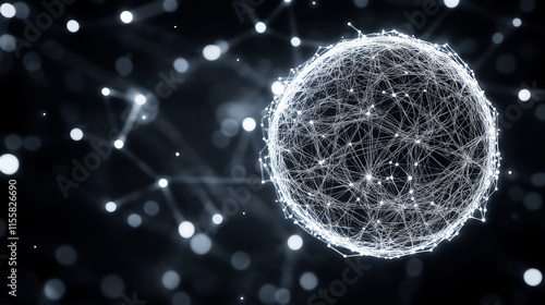 A glowing white digital sphere made up of connecting points and lines on a dark background, symbolizing innovation, technology, and futuristic networking.