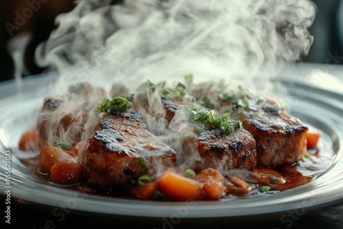 Grilled pork chop dish with vegetables and aromatic steam in a cozy restauran...