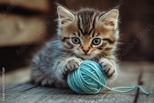 Playful kitten exploring orange yarn ball in a sunny garden setting