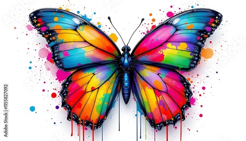 A colorful butterfly with vibrant wings made up of various paint splatters and drips , against a white background