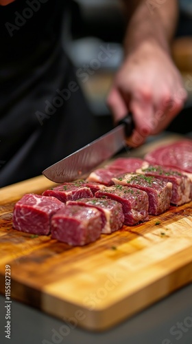 Perfectly diced meat on wooden cutting board with chef carefully slicing