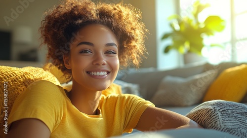 Smiling young woman lounging on a cozy couch in a sunny living room