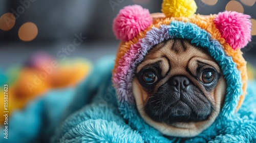 Cute puppy in a yellow hoodie with adorable expression against dark background