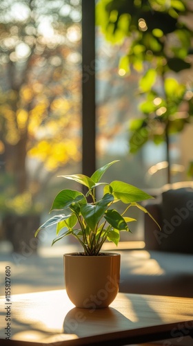 Bright and serene indoor plant in a sunlit space with shadows on the wall