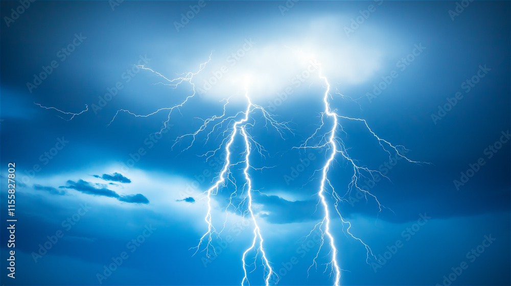 Dramatic lightning bolts flashing across a dark blue stormy sky, symbolizing raw natural power and intensity. Ideal for dramatic themes or weather-related content. Dramatic lightning bolts flashing across a dark blue stormy sky, symbolizing raw natural power and intensity. Ideal for dramatic themes or weather-related content.