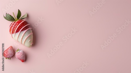White chocolate with strawberry filling and pink drizzle on a Light pink background, copy space, chocolate photography