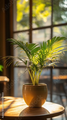 Bright and serene indoor plant in a sunlit space with shadows on the wall
