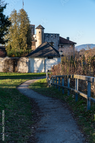 Buildings and castles in the fields around the Hohensalzburg fortress, Salzburg, Austria at the Monchsberg hiking trail photo