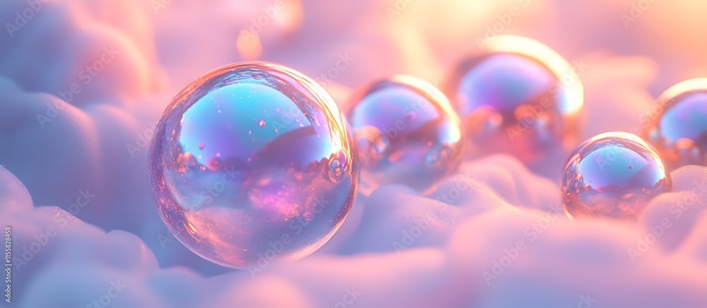 Reflective holo bubble cluster with iridescent surface, surrounded by a soft glowing haze. Reflective holo bubble cluster with iridescent surface, surrounded by a soft glowing haze.