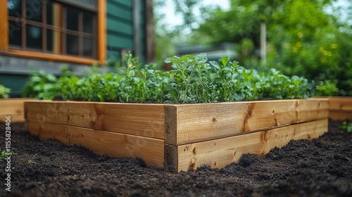 Gardening in raised bed with colorful flowers in a sunny outdoor setting