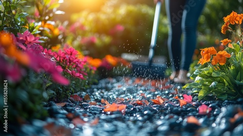Gardener tending to a vibrant flower bed during sunset in a beautiful garden