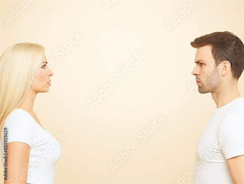 Two people standing face-to-face in soft light, symbolizing connection, trust, and communication. Clean, neutral background with copy space for versatility in design. photo