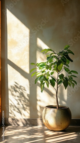 Bright and serene indoor plant in a sunlit space with shadows on the wall
