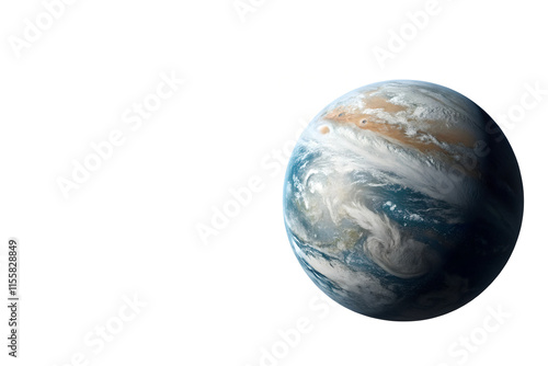 Earth-Jupiter Hybrid Planet on White Background with Copy Space, Featuring Jupiter’s Great Red Spot and Earth’s Oceans photo