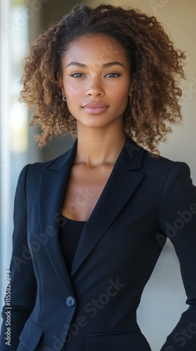 Confident woman in business attire poses in modern office setting with natura...