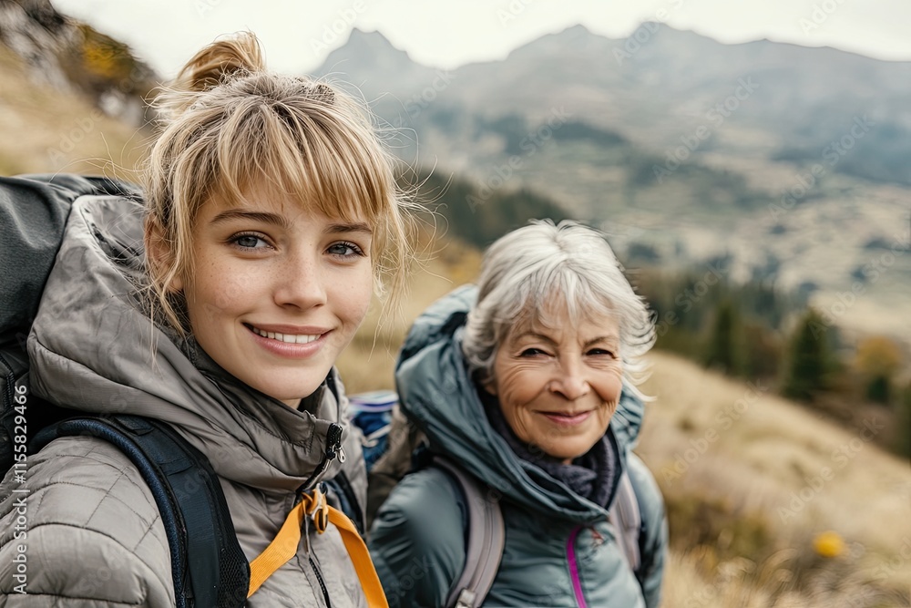 A portrait of an elderly woman and her adult daughter hiking in the mountains, both smiling at the camera. A portrait of an elderly woman and her adult daughter hiking in the mountains, both smiling at the camera.