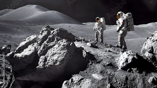 Astronauts exploring a lunar landscape on a rocky moon surface