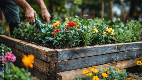 Gardening in raised bed with colorful flowers in a sunny outdoor setting