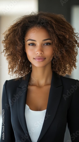 Confident woman in business attire poses in modern office setting with natura...