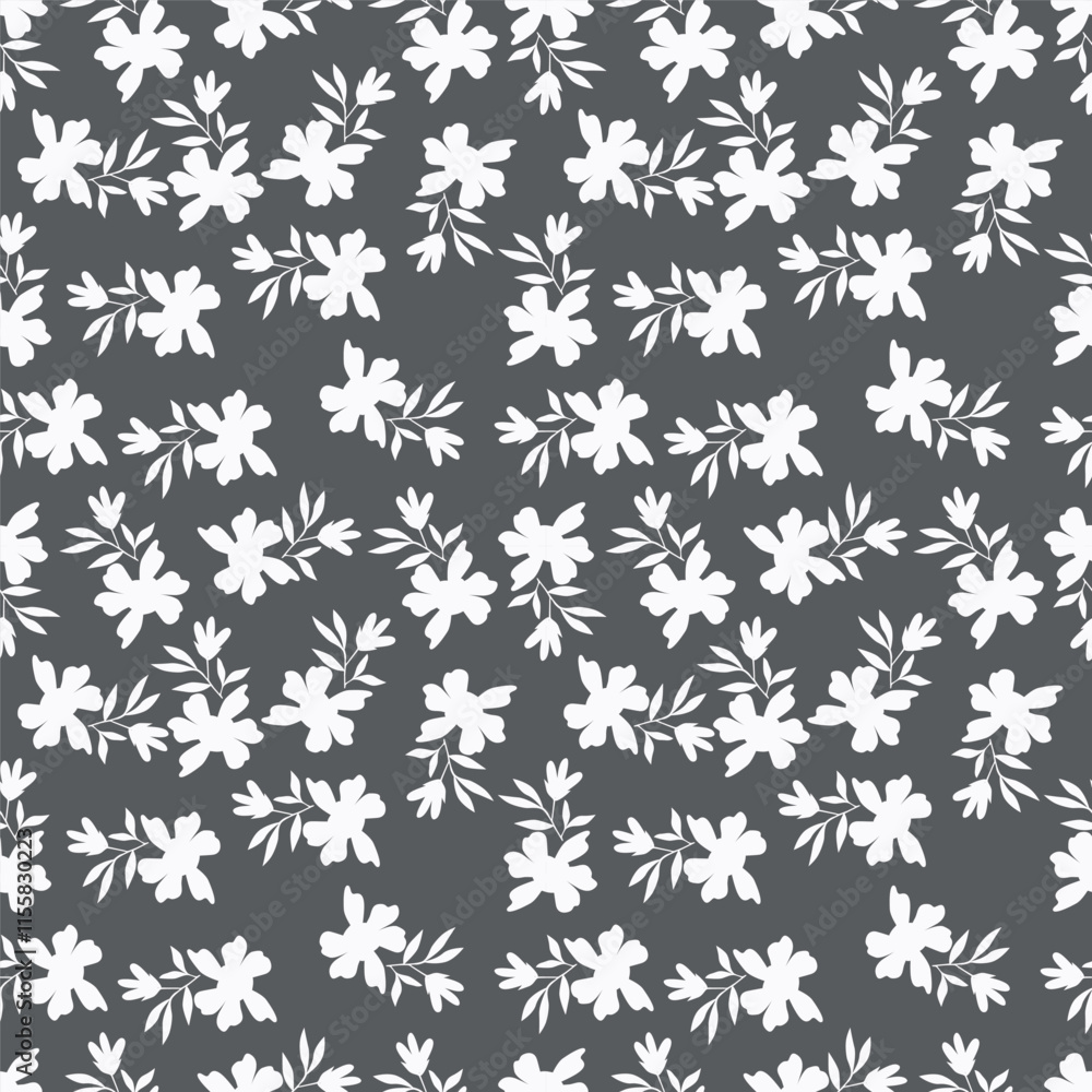 Trendy seamless vector floral pattern. Endless print made of small colorful flowers, leaves and berries. Summer and spring motifs. Dark blue background.Vector illustration. Trendy seamless vector floral pattern. Endless print made of small colorful flowers, leaves and berries. Summer and spring motifs. Dark blue background.Vector illustration.