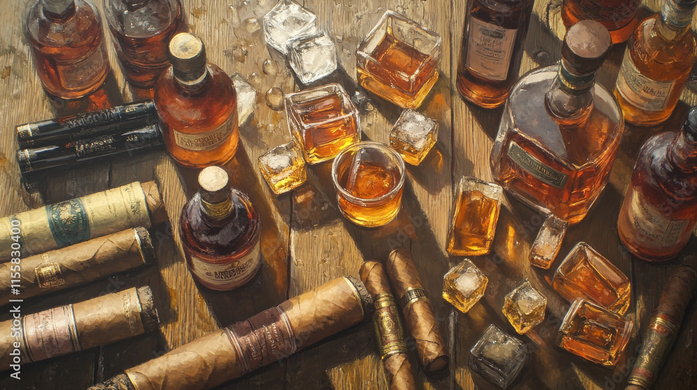 An artistic arrangement of cigars, whiskey bottles, and ice cubes on a vintage wooden surface. An artistic arrangement of cigars, whiskey bottles, and ice cubes on a vintage wooden surface.