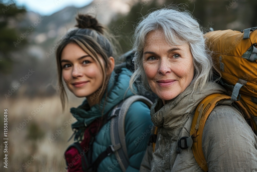 an attractive young woman hiking with her mother, both smiling at the camera, in a beautiful mountainous landscape an attractive young woman hiking with her mother, both smiling at the camera, in a beautiful mountainous landscape