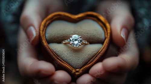 Heart-shaped box reveals sparkling diamond ring held gently by delicate hands