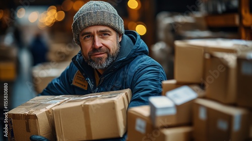 Man organizing packages in a warehouse aisle during daytime