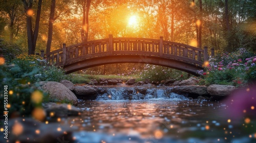 Beautiful wooden bridge over tranquil stream at sunset in a serene garden set...